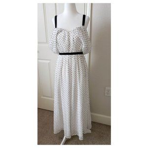 Love to Love Black and White Swiss Dot Cold-Shoulder Midi Dress
